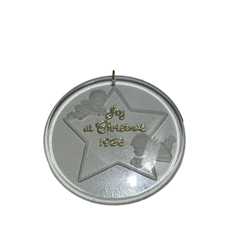 1986 Joy at Christmas Hallmark Ornament Round Acrylic with Angels